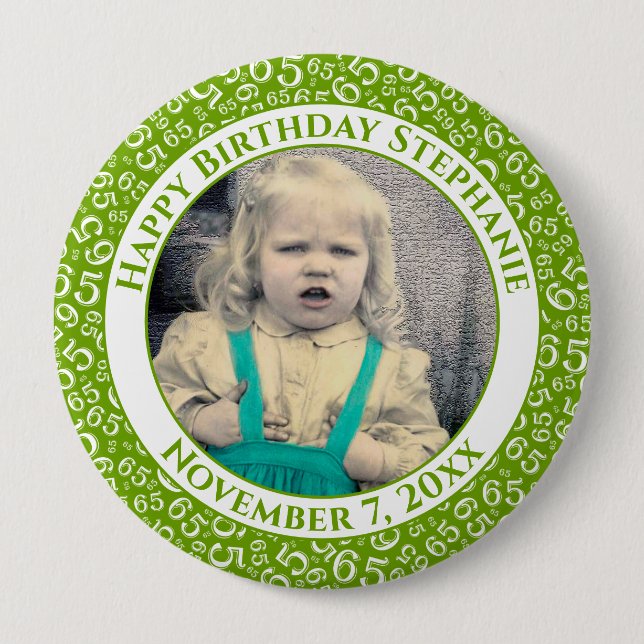Badge Rond 10 Cm Votre photo 65e anniversaire Numéro Motif | Vert (Devant)