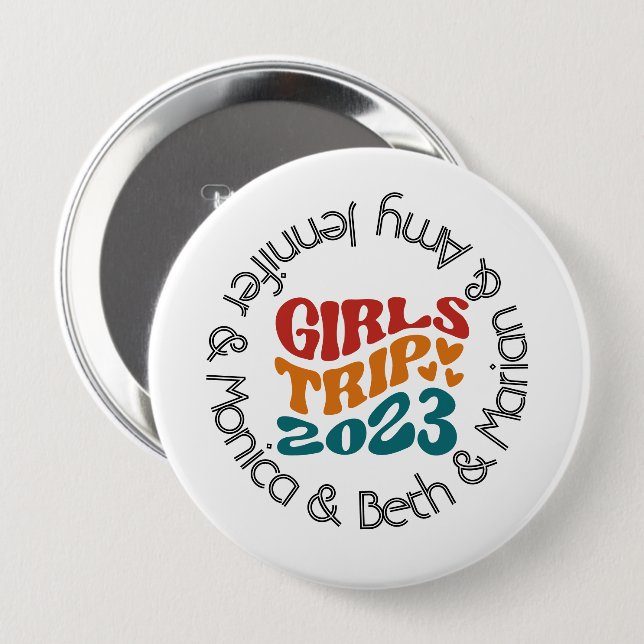 Badge Rond 10 Cm Voyage de fille 2023 Couleurs et texte personnalis (Devant & derrière)