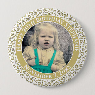Badge Rond 10 Cm Your Photo 25th Birthday Number Pattern Gold/White