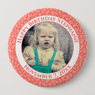Badge Rond 10 Cm Your Photo 80th Birthday Number Pattern   Coral