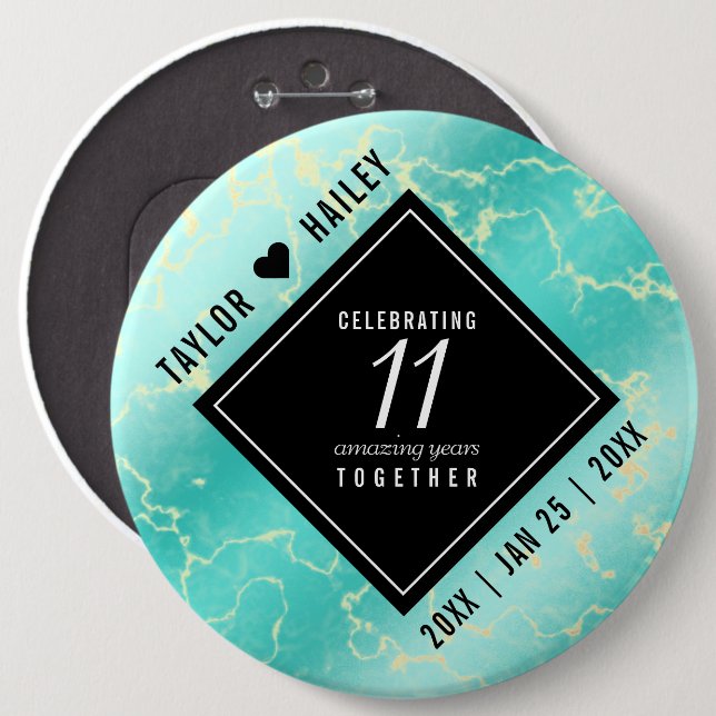 Badge Rond 15,2 Cm 11ème anniversaire de Mariage turquoise (Devant & derrière)