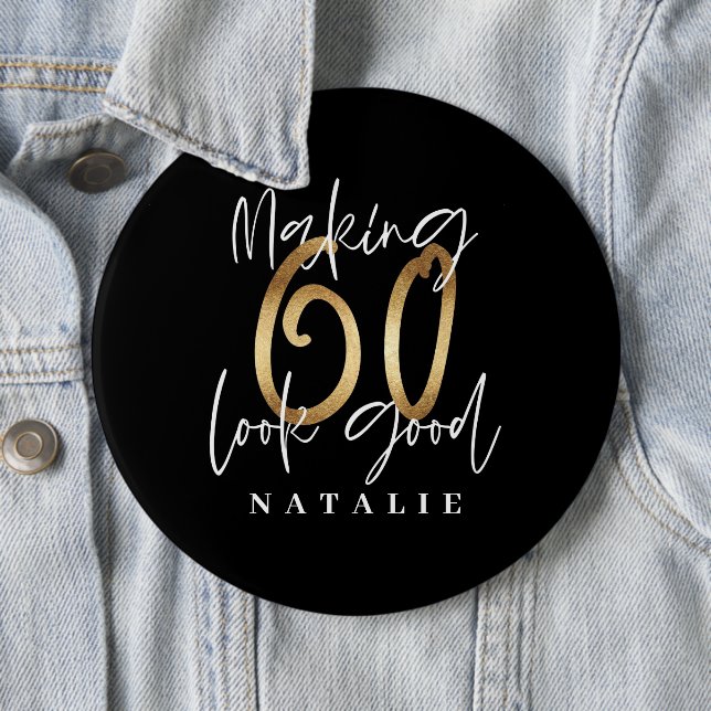 Badge Rond 15,2 Cm 60e anniversaire moderne, noir et or (En situation)
