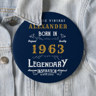 Badge Rond 15,2 Cm 60th Birthday Born 1963 Ajouter Nom Blue Gold Lege