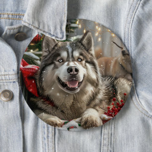 Badge Rond 15,2 Cm Alaskan Malamute Chien Fête de Noël
