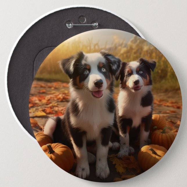 Badge Rond 15,2 Cm Australian Shepherd Puppy Citrouille de plaisir d' (Devant & derrière)