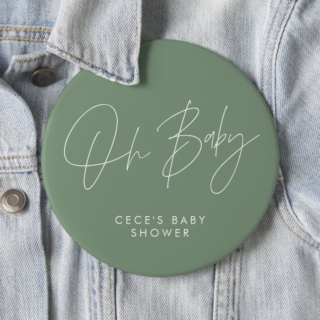 Badge Rond 15,2 Cm Baby shower script moderne minimum sauge vert (En situation)