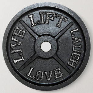 Badge Rond 15,2 Cm Barbell Plate - Ascenseur, Vivre, Amour, Rire