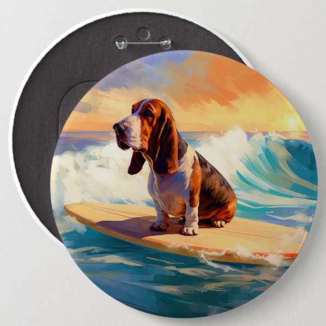 Badge Rond 15,2 Cm Basset Hound Beach Surf Peinture (Devant & derrière)