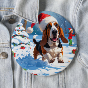 Badge Rond 15,2 Cm Basset Hound Festive de Noël Scène de neige