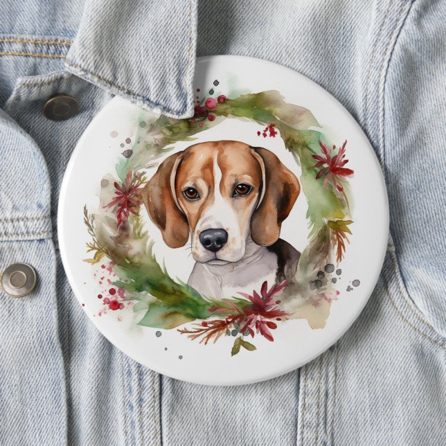 Badge Rond 15,2 Cm Beagle Noël Wreath Festive Pup (En situation)