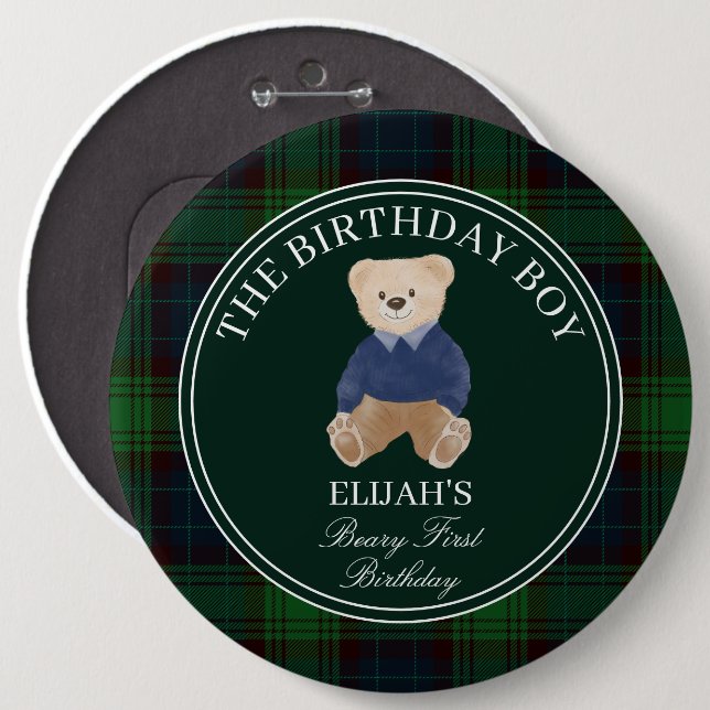 Badge Rond 15,2 Cm Béary première peluche ours vert plaid fête d'anni (Devant & derrière)