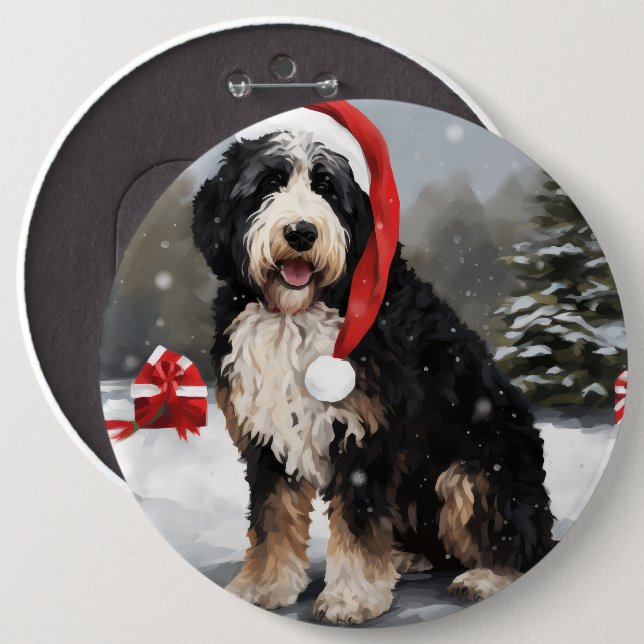 Badge Rond 15,2 Cm Bernedoodle Chien dans Noël de neige (Devant & derrière)