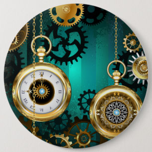 Badge Rond 15,2 Cm Bijou Montre Steampunk sur Fond Vert