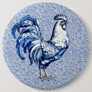 Badge Rond 15,2 Cm Bleu Delft Et Poulet Blanc Rooster