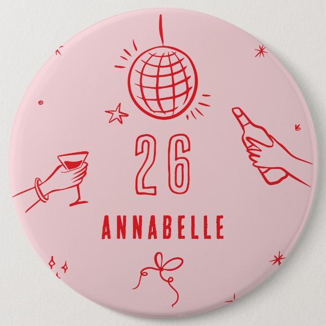 Badge Rond 15,2 Cm boisson d'anniversaire rose dessinée à la main (Devant)