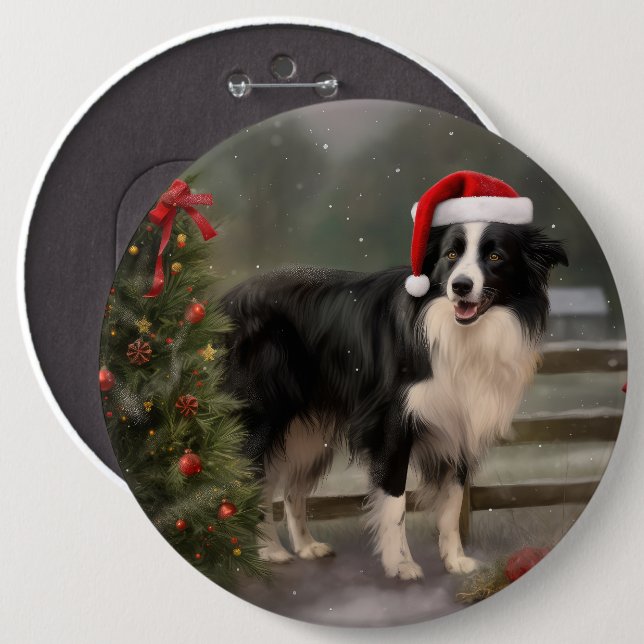 Badge Rond 15,2 Cm Bordure Collie Chien dans neige Noël (Devant & derrière)