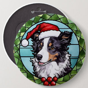 Badge Rond 15,2 Cm Bordure Collie Vitrail Noël