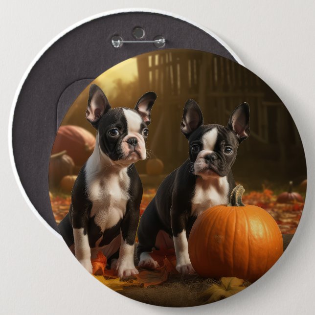 Badge Rond 15,2 Cm Boston Terrier Puppy Automne Citrouille de plaisir (Devant & derrière)