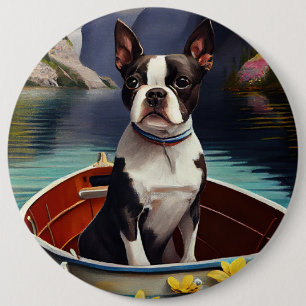Badge Rond 15,2 Cm Boston Terrier sur une rame : une aventure Pittore