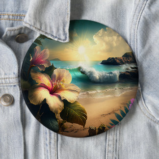 Badge Rond 15,2 Cm Bouton Fleurs Exotiques Hawaïennes