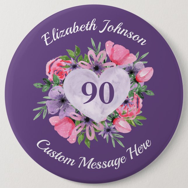 Badge Rond 15,2 Cm Bouton personnalisé violet 90e anniversaire (Devant)