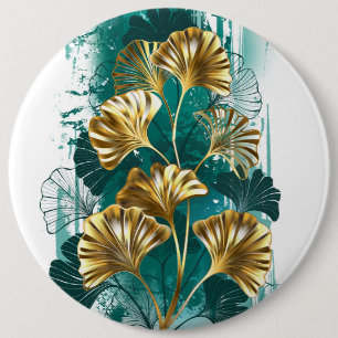 Badge Rond 15,2 Cm Branche avec Feuilles d'or Ginko Biloba