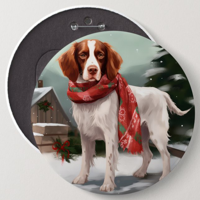 Badge Rond 15,2 Cm Brittany Spaniel Dog à Noël de neige (Devant & derrière)