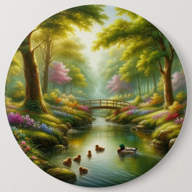 Badge Rond 15,2 Cm Brook de printemps avec canards/fleurs (Devant)
