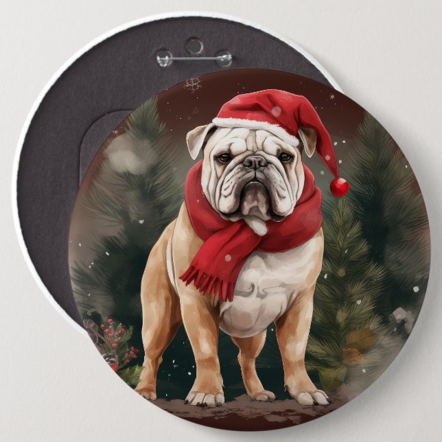 Badge Rond 15,2 Cm Bulldog à Noël de neige (Devant & derrière)
