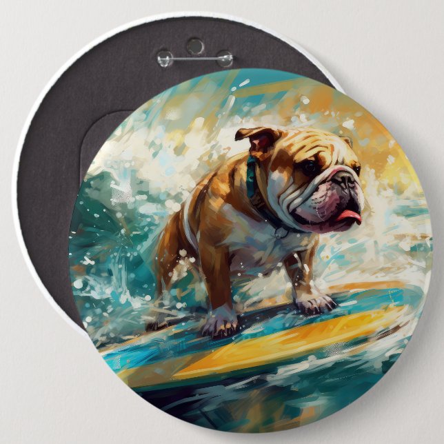 Badge Rond 15,2 Cm Bulldog Beach Surf Peinture (Devant & derrière)