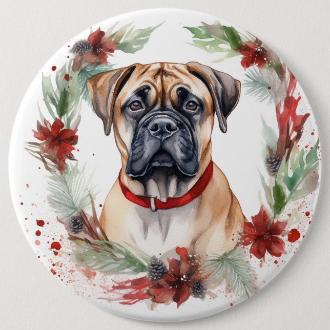 Badge Rond 15,2 Cm Bullmastiff Noël Wreath Festive Pup (Devant)