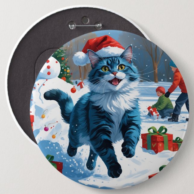 Badge Rond 15,2 Cm Chat Oriental Bleu Assis dans un Chapeau de Noël e (Devant & derrière)