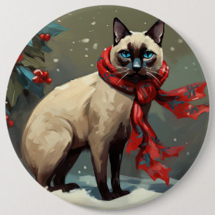 Badge Rond 15,2 Cm Chat siamois à Noël sous la neige