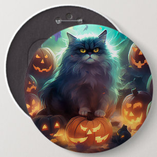 Badge Rond 15,2 Cm Chat Sibérien D'Halloween Avec Peur Citrouille