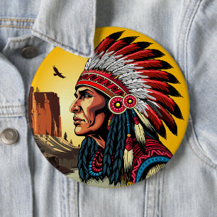 Badge Rond 15,2 Cm Chef amérindien sur paysage sauvage coucher de sol
