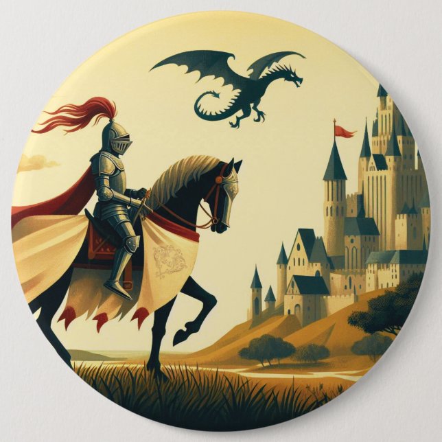 Badge Rond 15,2 Cm Chevalier médiéval/dragon/château fantastique (Devant)