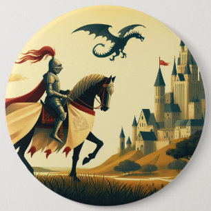 Badge Rond 15,2 Cm Chevalier médiéval/dragon/château fantastique