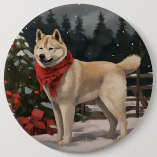 Badge Rond 15,2 Cm Chien Akita dans la neige de Noël