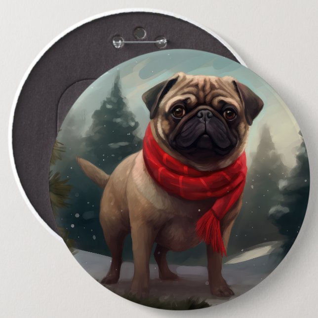 Badge Rond 15,2 Cm Chien de carlin en Noël de neige (Devant & derrière)