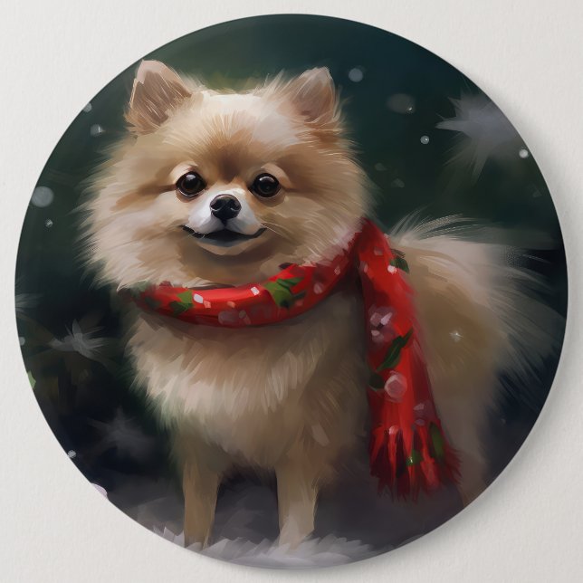 Badge Rond 15,2 Cm Chien de Poméranie en Noël de neige (Devant)