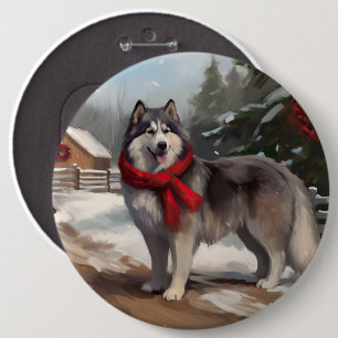 Badge Rond 15,2 Cm Chien Malamute d'Alaska dans la neige de Noël