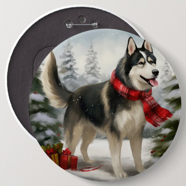Badge Rond 15,2 Cm Chien sibérien Husky à Noël de neige (Devant & derrière)