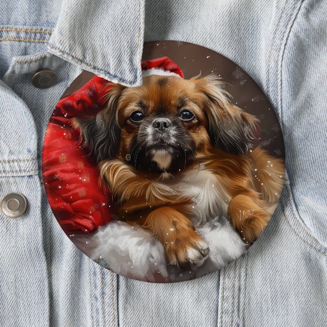 Badge Rond 15,2 Cm Chien Spaniel Tibétain Noël Festif (En situation)
