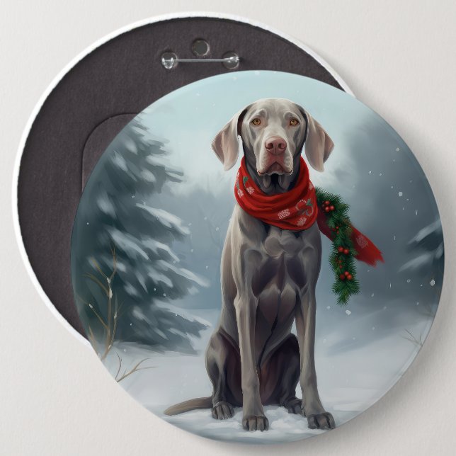 Badge Rond 15,2 Cm Chien Weimaraner à Noël de neige (Devant & derrière)