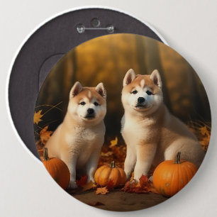 Badge Rond 15,2 Cm Chiots Akita Automne Délice Citrouille