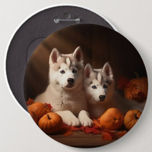 Badge Rond 15,2 Cm Chiots Husky Sibérien Délice d'Automne Citrouille
