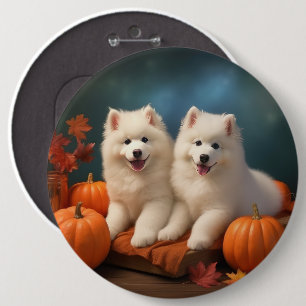 Badge Rond 15,2 Cm Chiots Samoyède Délice d'Automne Citrouille