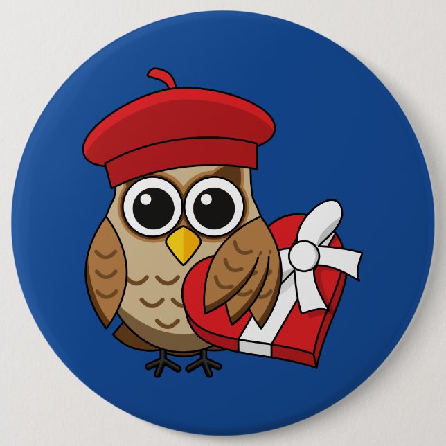 Badge Rond 15,2 Cm Chouette mignonne avec béret rouge et boîte cardia (Devant)
