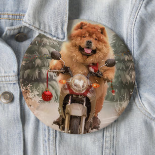 Badge Rond 15,2 Cm Chow Chow Chien chevauchant la moto Noël