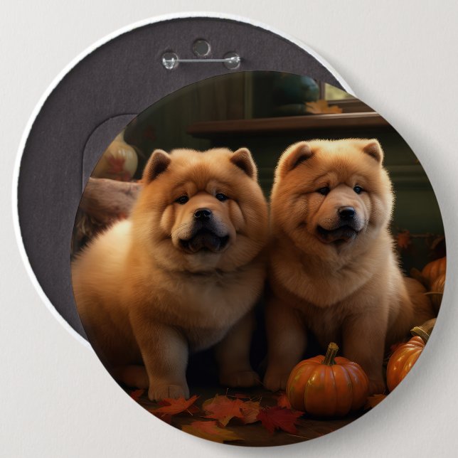 Badge Rond 15,2 Cm Chow Chow Chiot Automne Citrouille de plaisir (Devant & derrière)